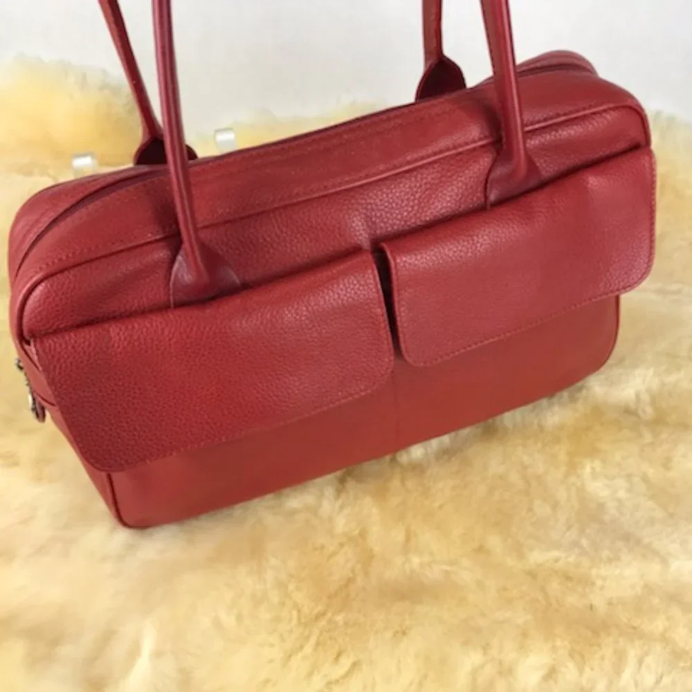 longchamps red pebbled leather satchel bag